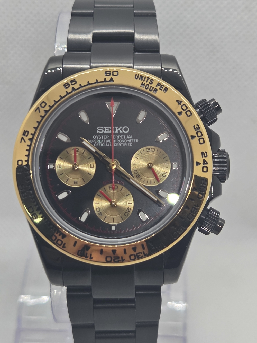 Custom Seiko Mod VK63 Daytona Chronograph Black and Gold w/ Red Accents